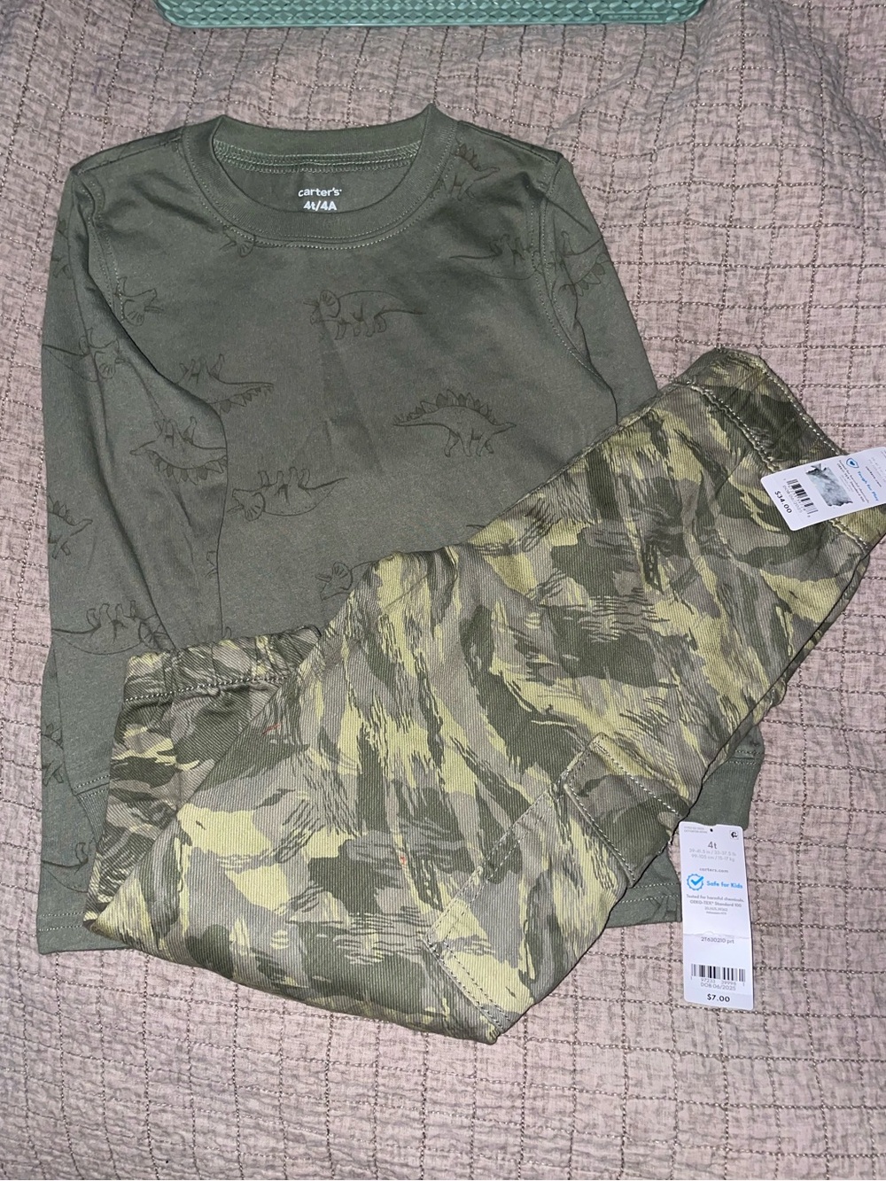 Carter's Olive Green Dinosaur Top with Camouflage Joggers